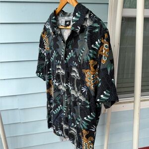 H&M Black Short-Sleeve Printed Shirt Jacket with Green & Gold Accents